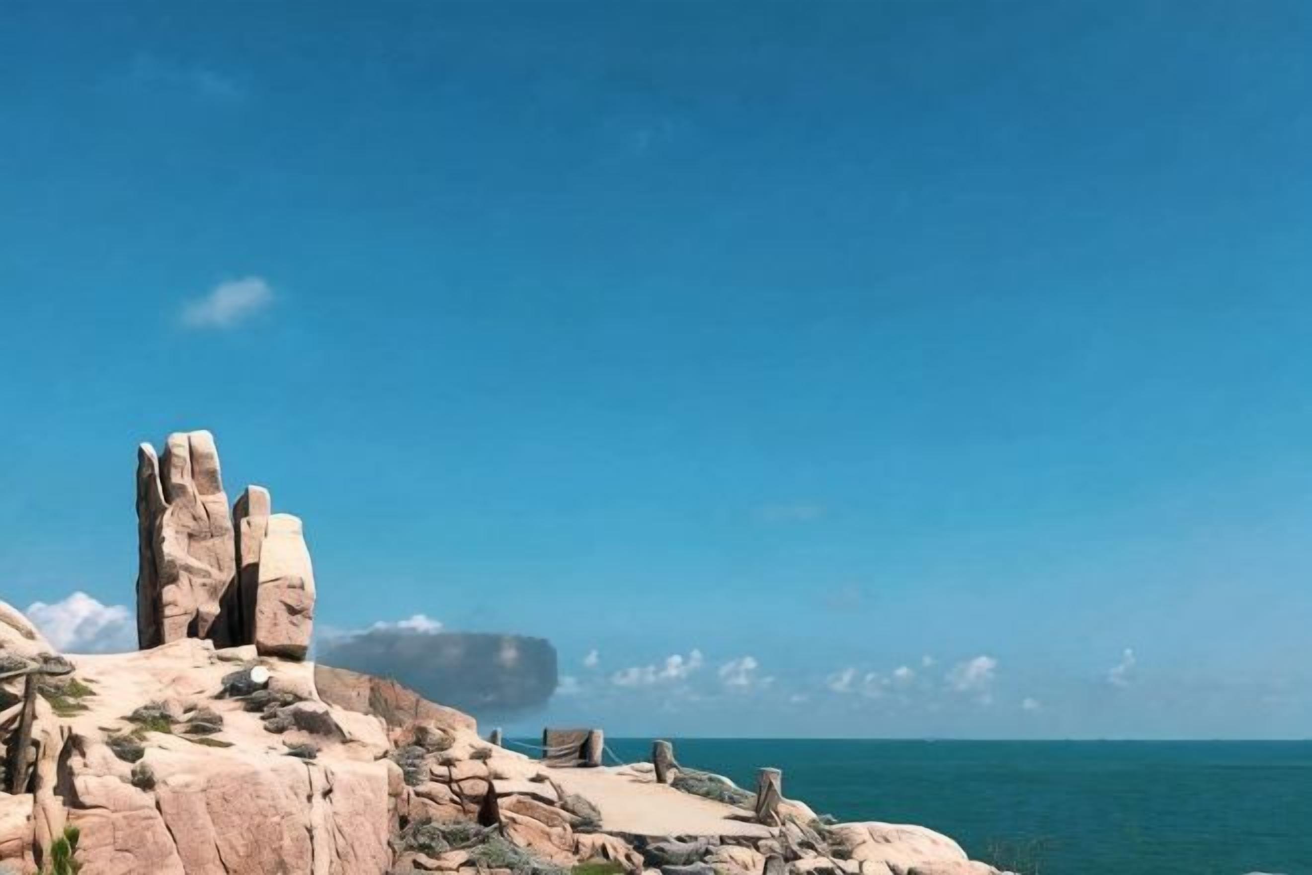 A coastal landscape with prominent rock formations and a clear sky.