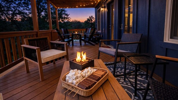 A wooden deck with outdoor furniture, a fire pit with marshmallows, and a building with blue exterior walls. - Wild Rose Cottage with Full Access to Rumbling Bald Amenities in Lake Lure! (Lake Lure)