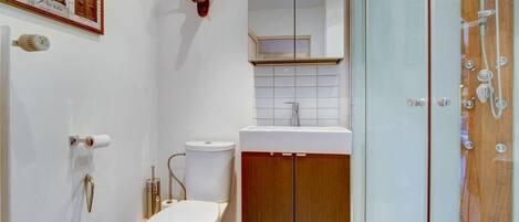 A bathroom with a toilet, a sink, a mirror, and a shower.