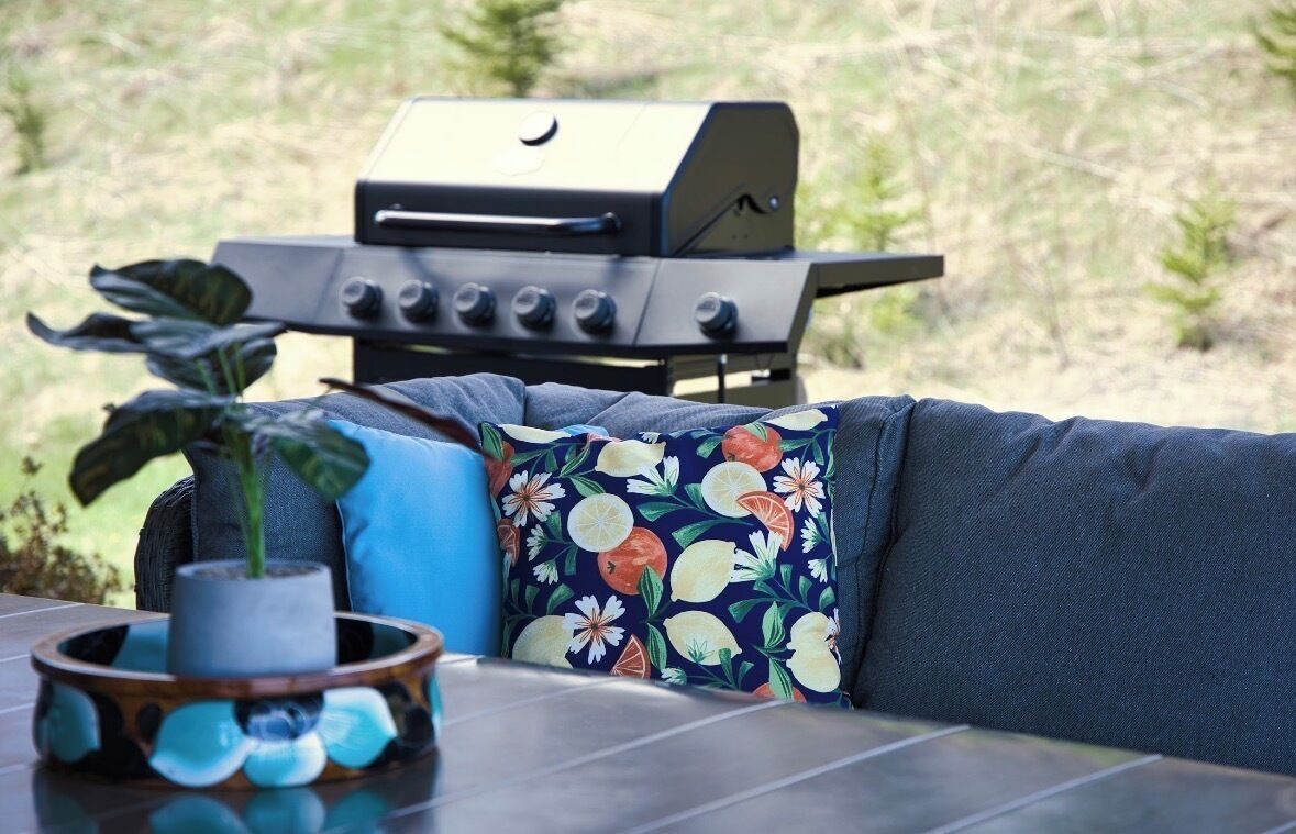 Un patio con una parrilla, un área de estar con cojines y una planta en maceta.