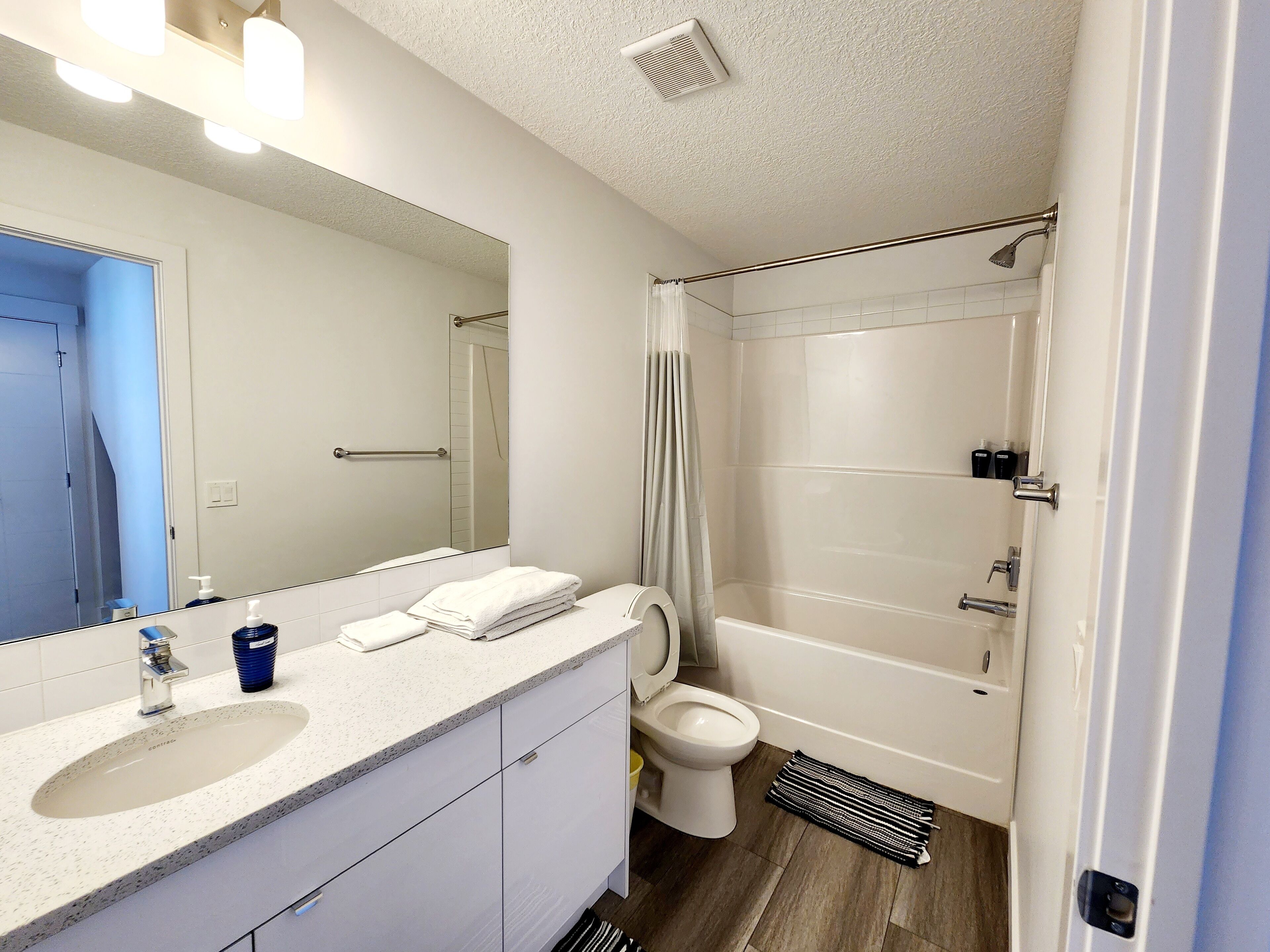 Hair dryer, towels, soap, toilet paper