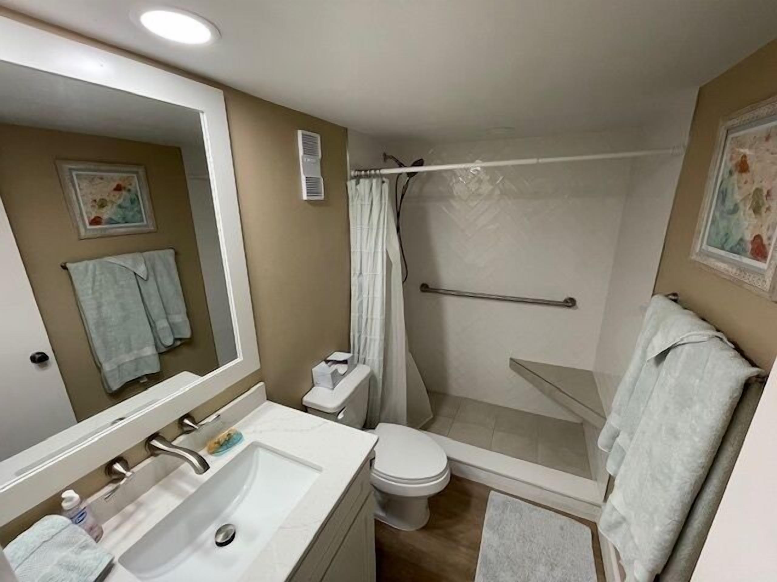 Une salle de bain avec un lavabo, des toilettes et une douche.