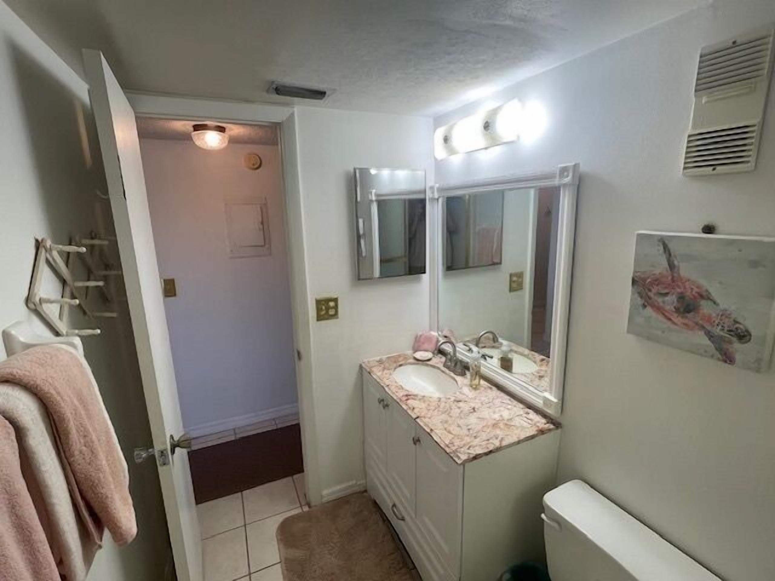 Een badkamer met een wastafel, spiegel en handdoekhouder.