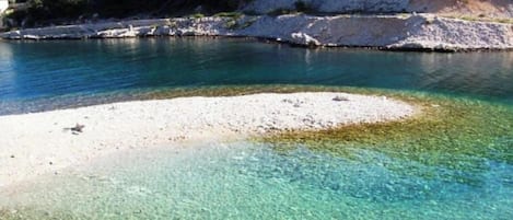 A clear coastal area with a sandy beach and calm water.