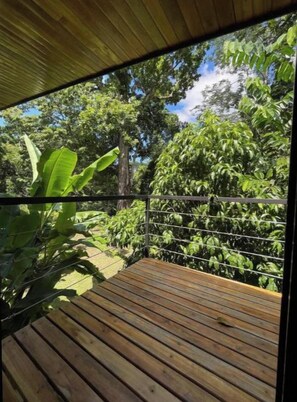 A wooden deck with a metal railing overlooking a lush garden with various plants and trees.