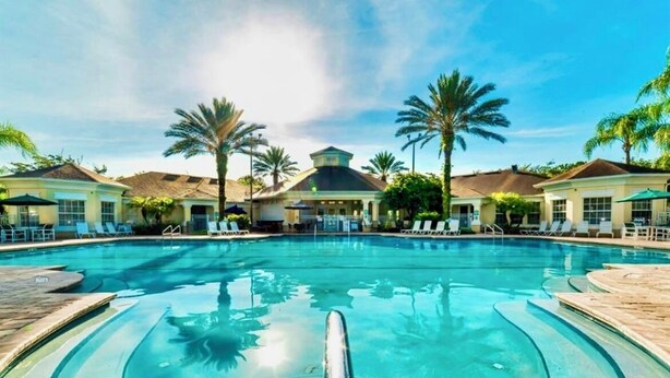 A swimming pool with lounge chairs and palm trees.