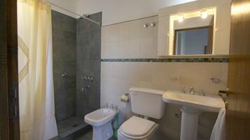 A bathroom with a shower, bidet, toilet, sink, and a mirror with lights.