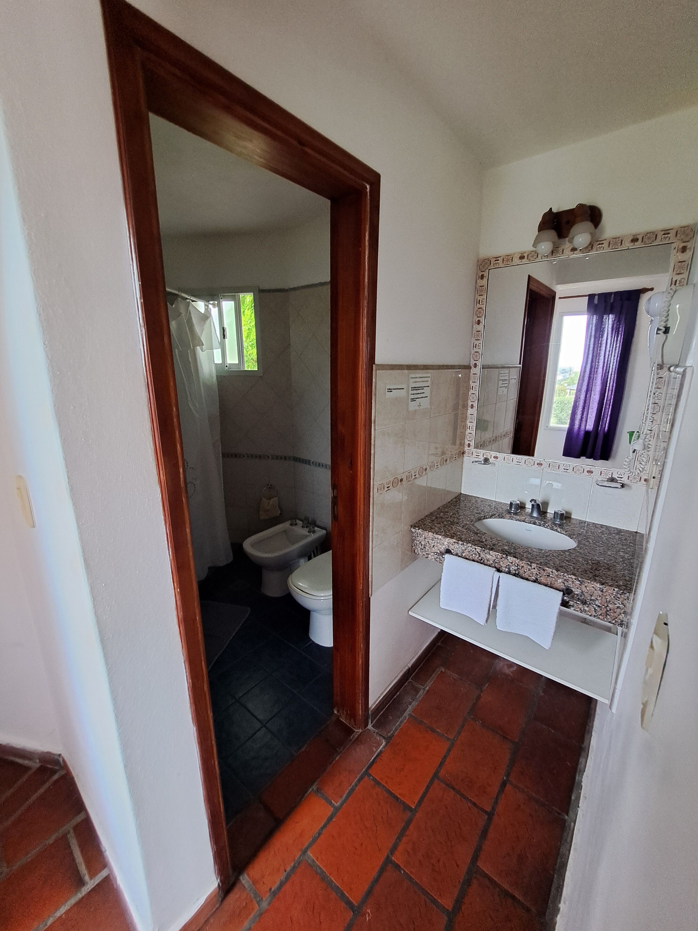 Un baño con lavamanos, espejo e inodoro.