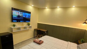 Habitación de hotel con una cama grande, un televisor de pantalla plana en la pared, un escritorio pequeño y un radiador.