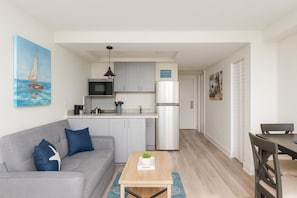 Studio, Balcony, Sea View | Private kitchen | Full-size fridge, microwave, oven, stovetop
