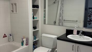 Séchoir à cheveux, serviettes fournies, savon, papier de toilette