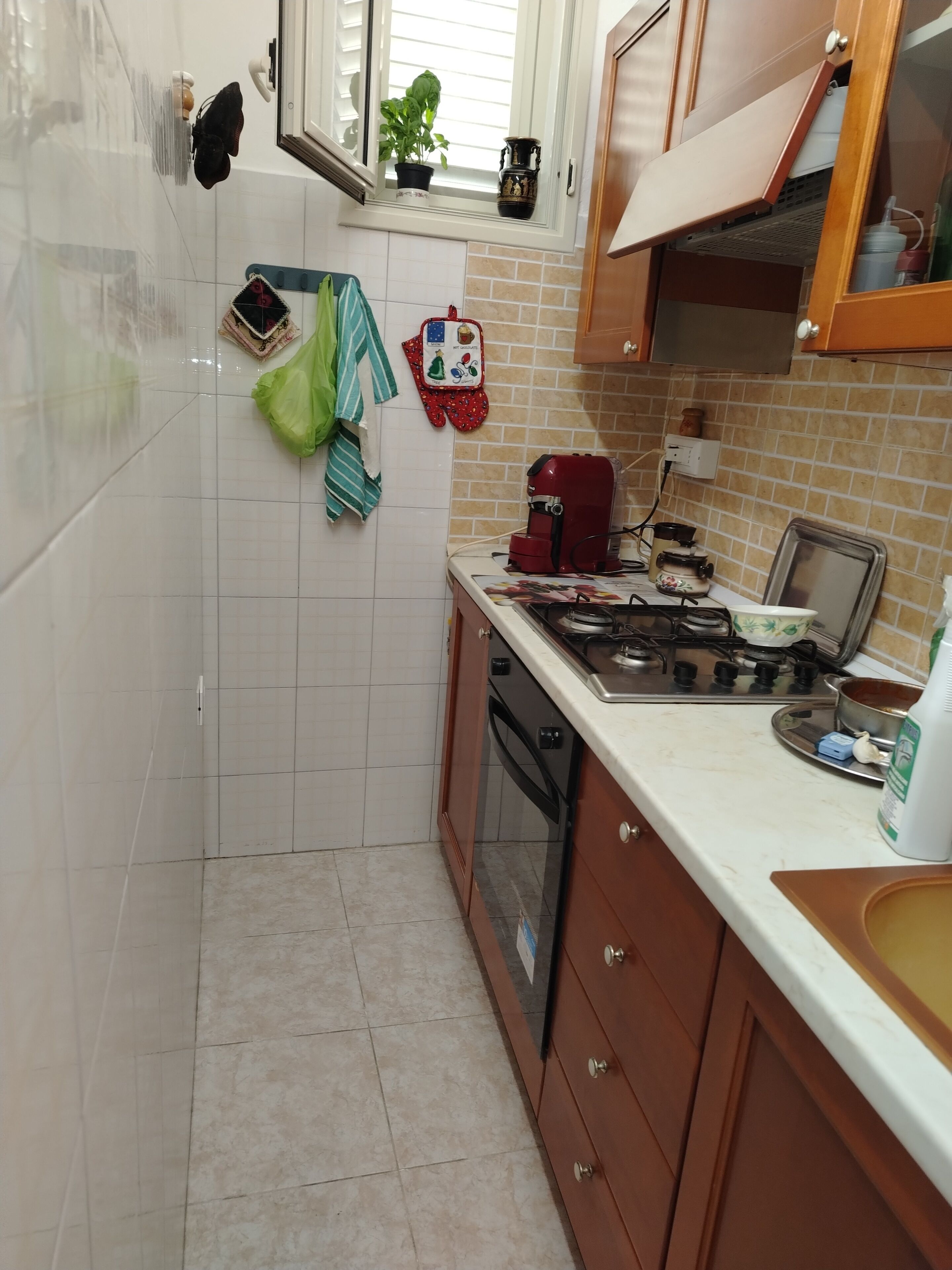 Una cocina con paredes de azulejos blancos, estufa a gas, cafetera y una planta en el alféizar de la ventana.