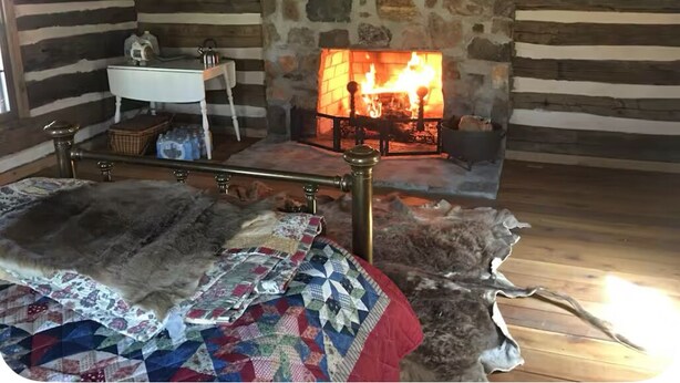 A log cabin room with a stone fireplace, a bed with a fur blanket, and a white dresser. - Back in Time! River Log Cabin-Off Grid (Concord)