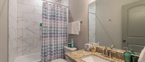 A bathroom with a marble-tiled shower, a white toilet, a sink with a granite countertop, and a mirror.