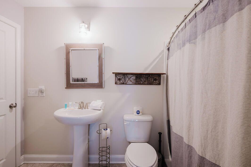 A bathroom with a white sink, toilet, and a shower curtain.