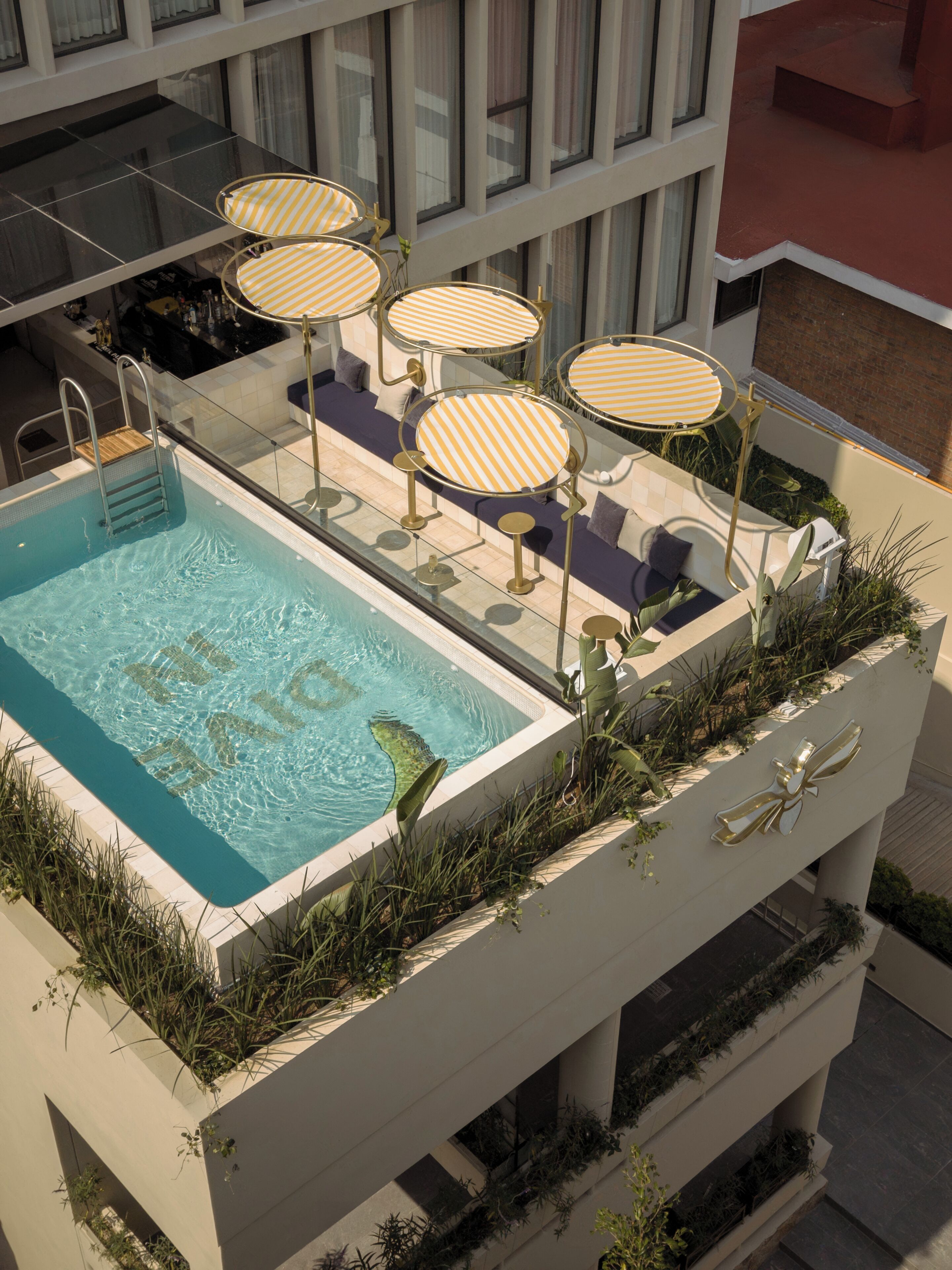 Outdoor pool, pool umbrellas, pool loungers
