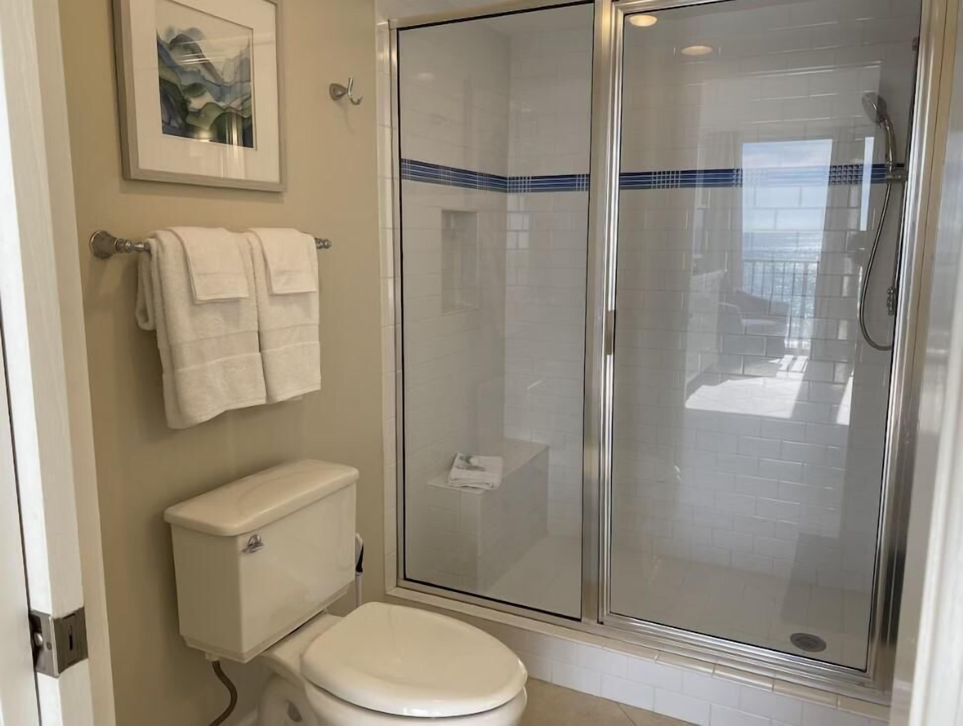 Un baño con inodoro, ducha con cerramiento de vidrio y un cuadro en la pared.