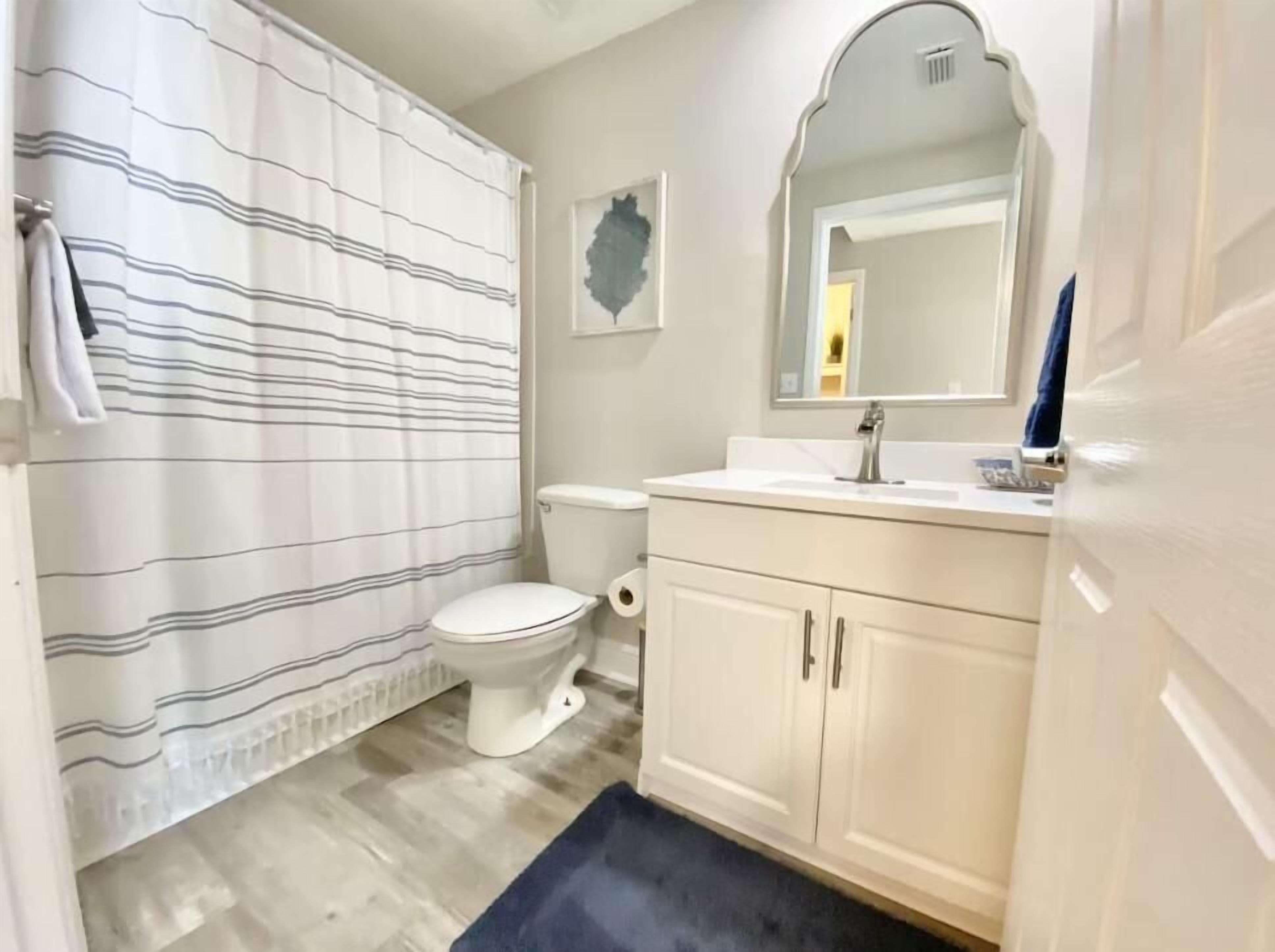 A bathroom with a striped shower curtain, a toilet, a sink with a mirror, and a cabinet.