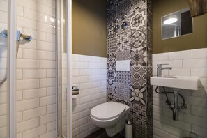 Hair dryer, towels, soap, toilet paper