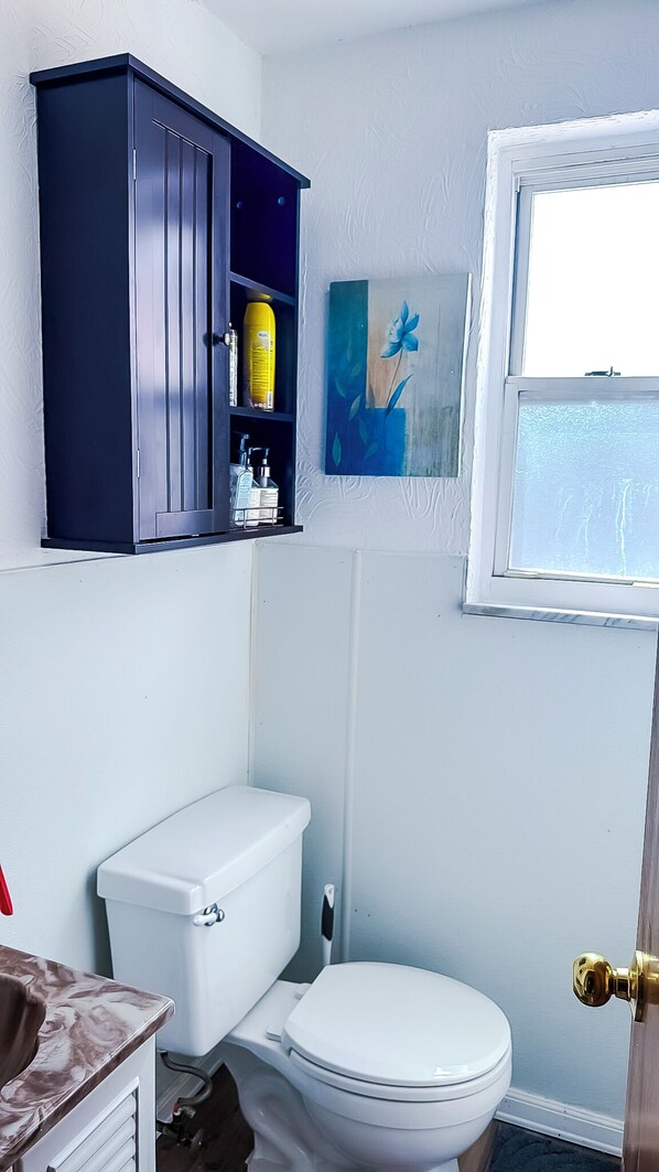 A bathroom with a white toilet, a dark blue cabinet, and a window with a view of trees.
