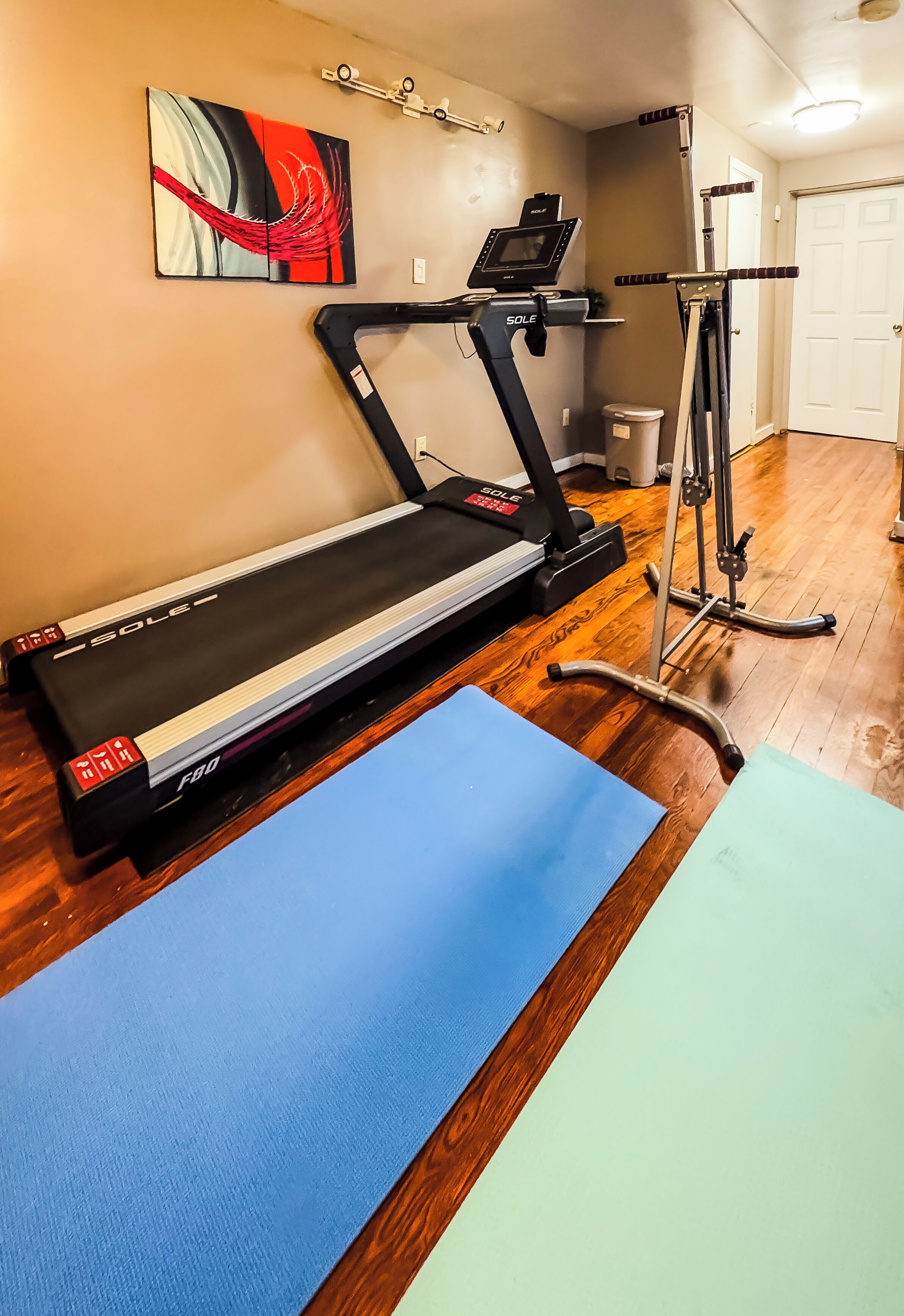 A home gym with a treadmill, exercise bike, and yoga mats.