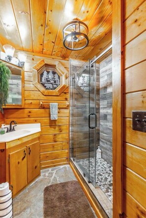 Shower, towels, toilet paper