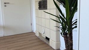 A hallway with a white door, a white cabinet with a picture above it, and a potted plant. - Fitters' and vacation apartment near Heidelberg in the Odenwald with balcony & garden (Wilhelmsfeld)