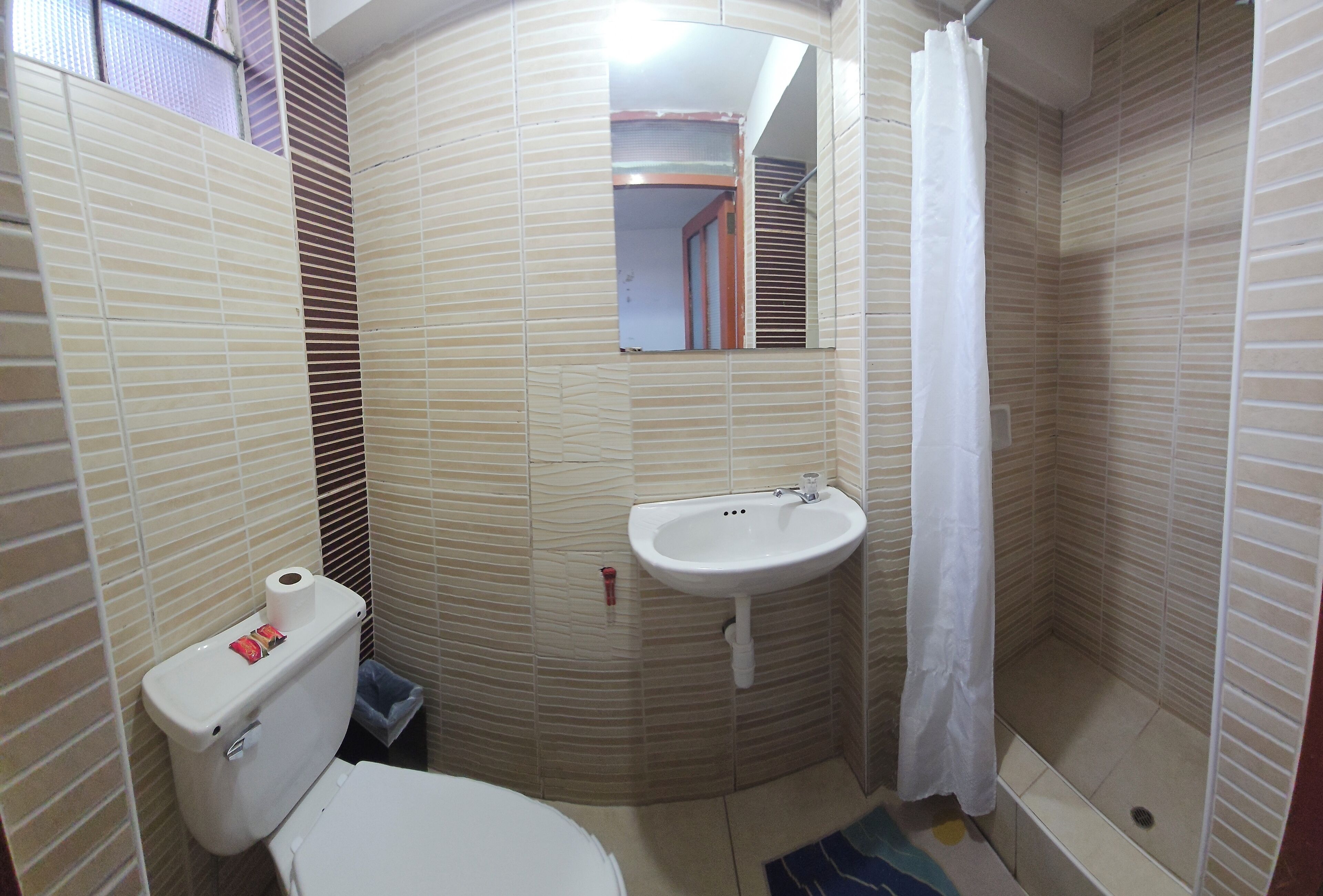 A bathroom with a toilet, sink, shower, and a mirror.