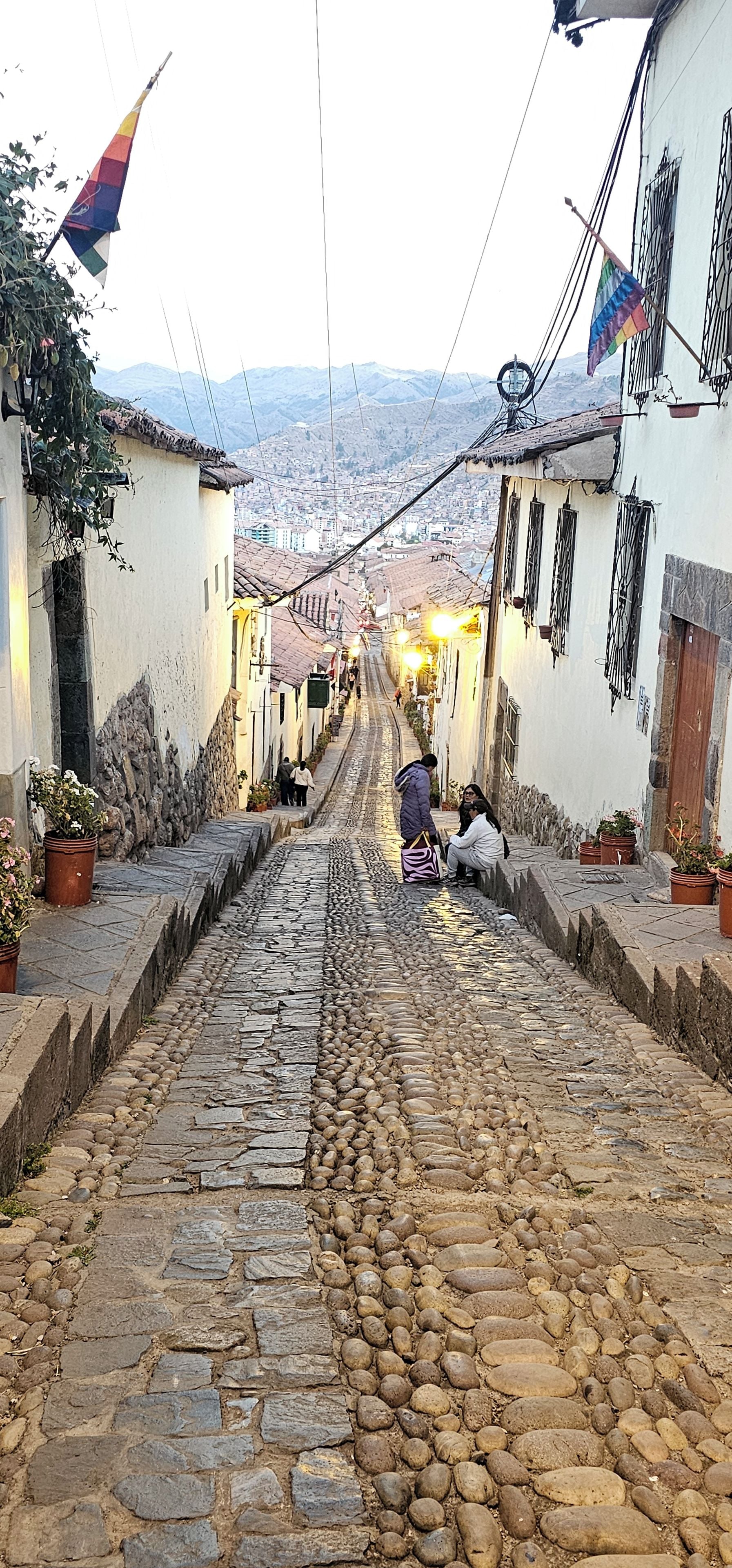 A cobblestone street with buildings on either side, leading to a distant cityscape.