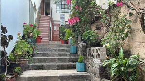 A set of stone steps leading to a building entrance, surrounded by various potted plants and flowers. - CUSCO VISTA GUETS HOUSE (Cusco)