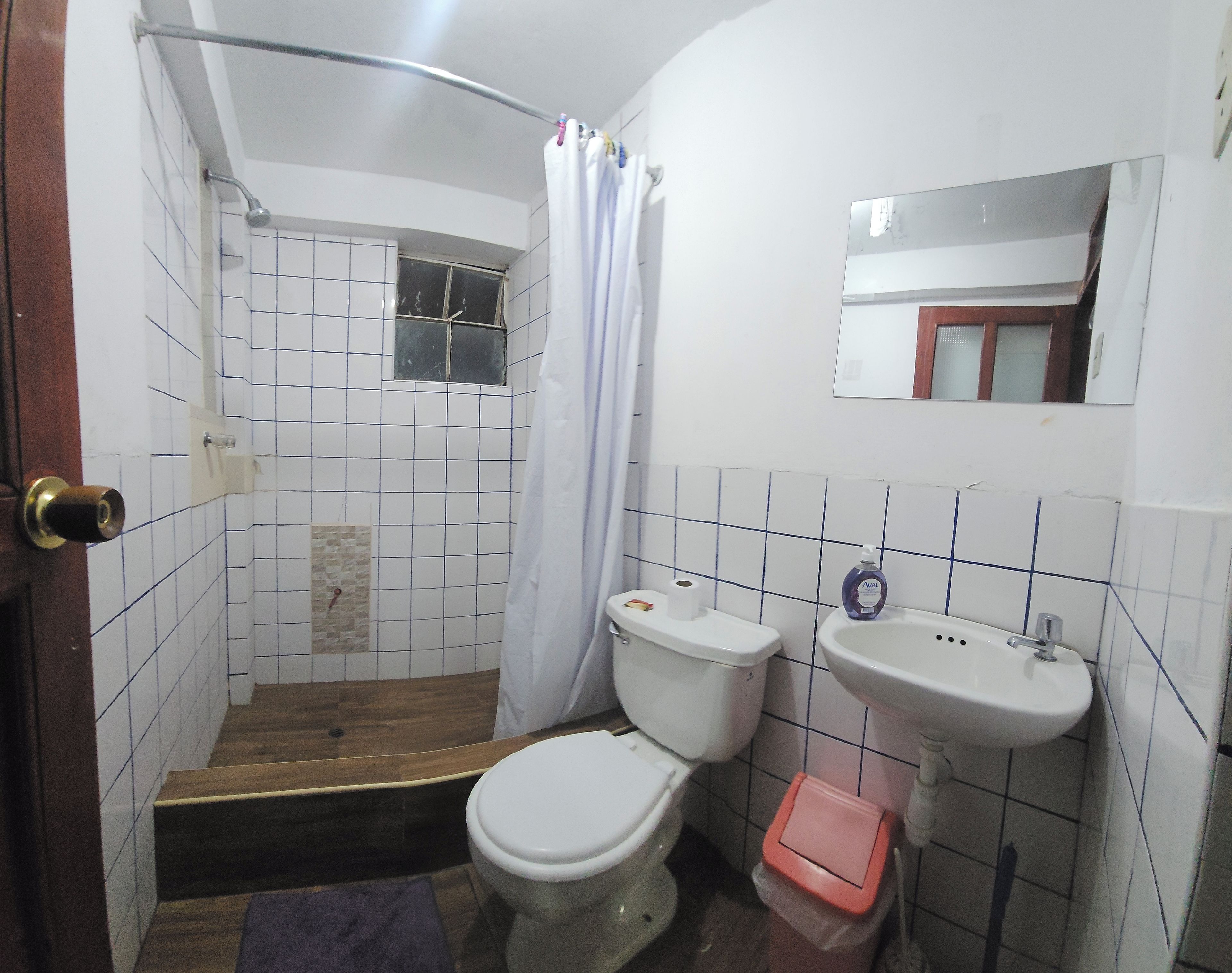 A bathroom with a shower, toilet, sink, and a mirror.