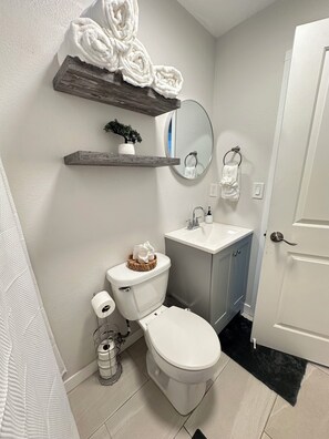 Hair dryer, bidet, towels, toilet paper