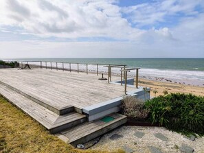 On the beach, sun-loungers, beach towels