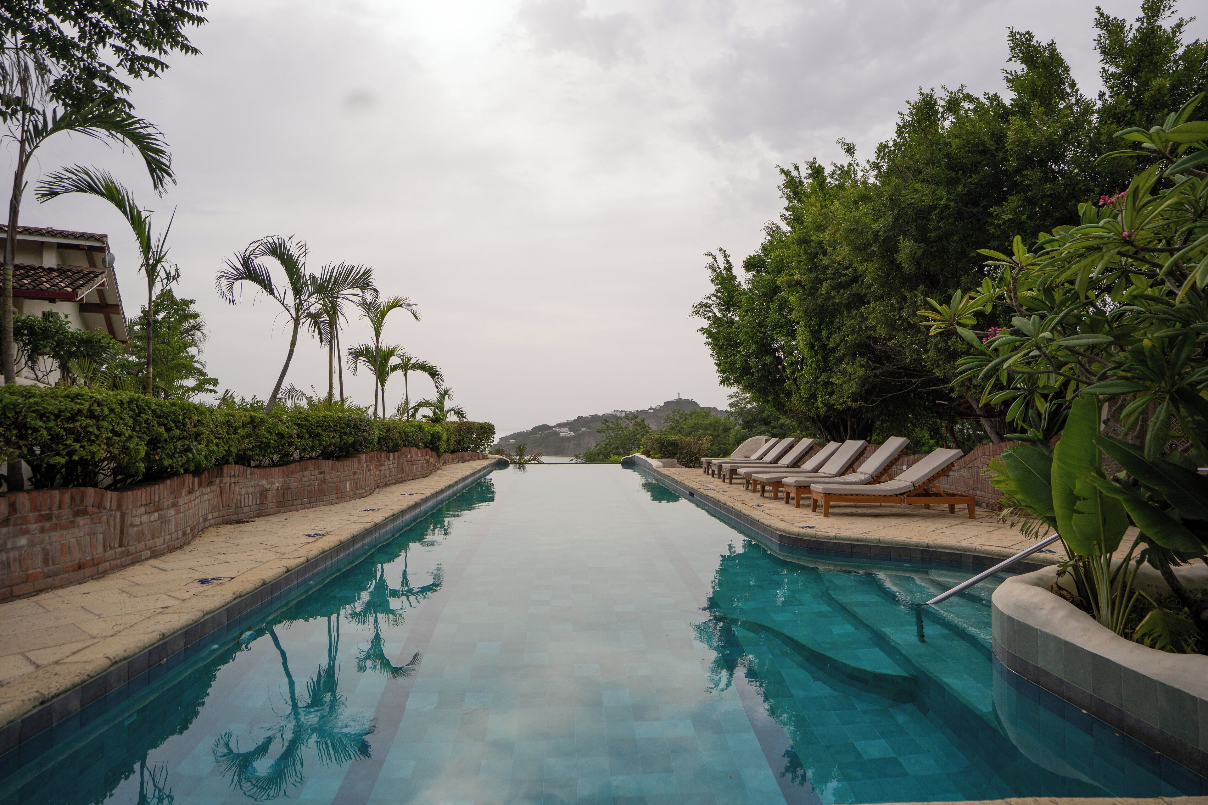 Una piscina con sillas de descanso y palmeras.