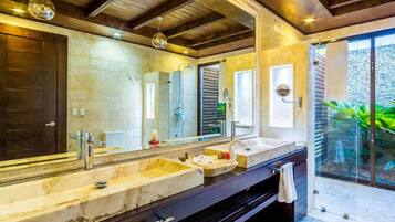 Hair dryer, towels, soap, shampoo