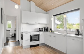 Fridge, stovetop, dishwasher, coffee/tea maker