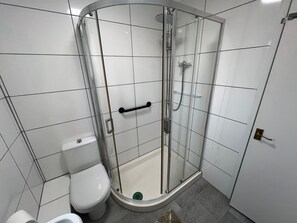 Ett modernt badrum med en dusch som är avskärmad med glasväggar, en toalett och ett handfat.