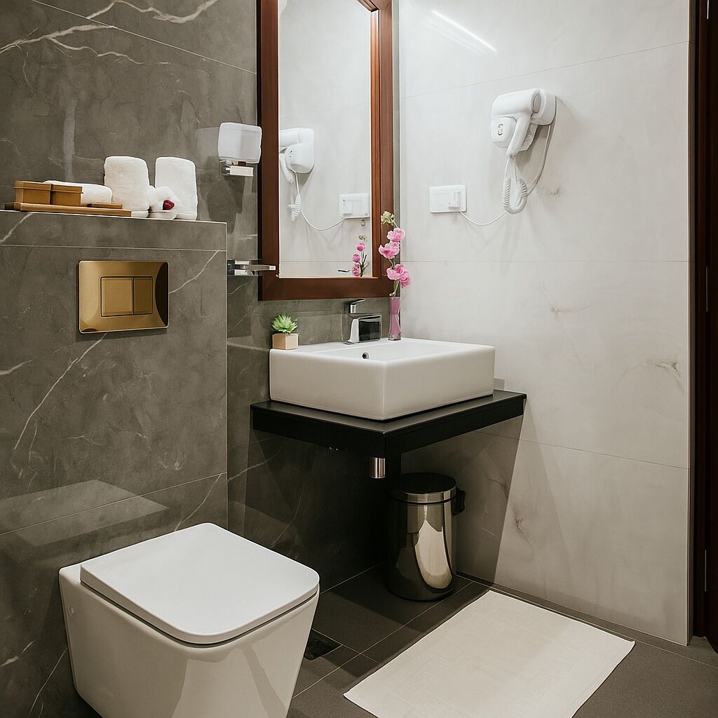 Un baño moderno con inodoro blanco, tocador negro con lavamanos blanco, espejo, secador de pelo y cubo de basura.