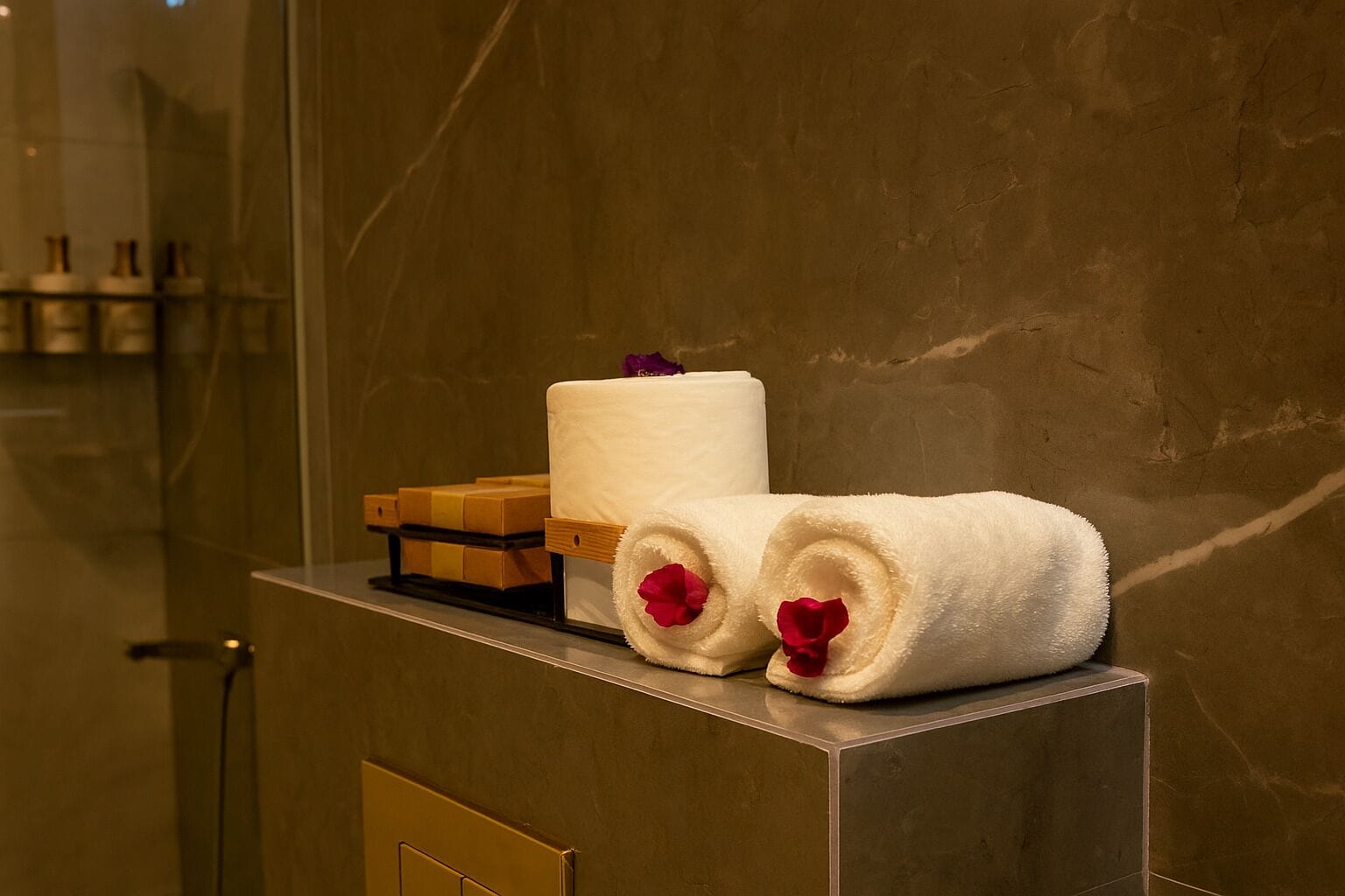 A bathroom with a marble wall, a towel rack with a white towel and two towels with red rose petals, and a wooden soap dish.