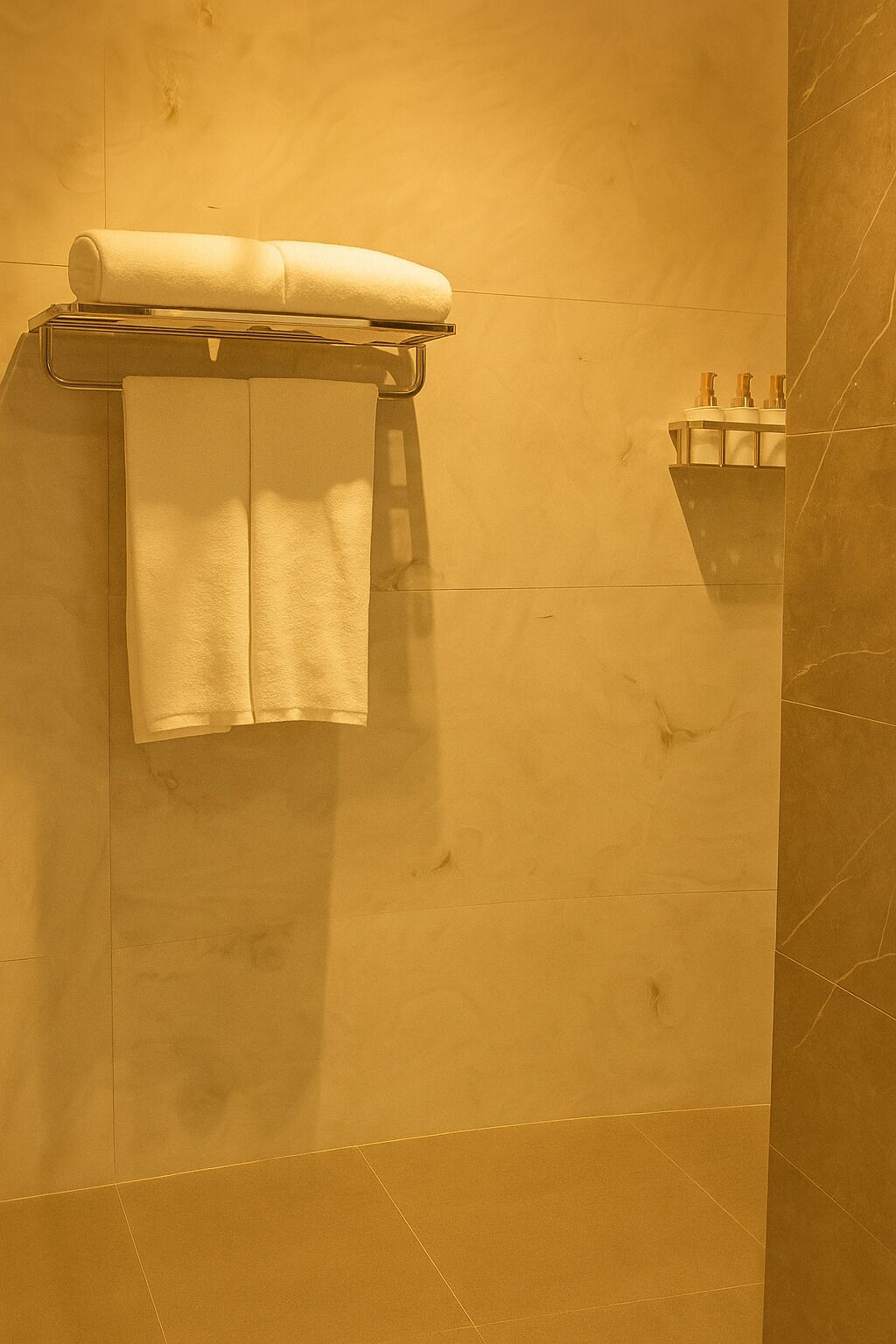 Ein Badezimmer mit Handtuchhalter, zwei Handtüchern, einer kleinen Ablagefläche für Toilettenartikel und einem gefliesten Boden.
