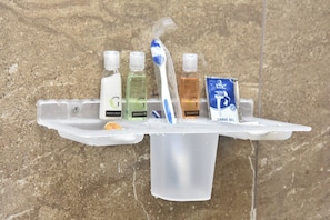 Shower, towels, soap, shampoo