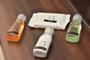 Shower, towels, soap, shampoo
