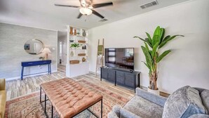 A modern living room with a ceiling fan, a television, a large plant, and a patterned rug. - Lakefront Near Schlitterbahn and New Braunfels (McQueeney)