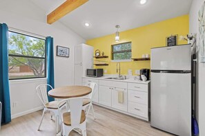 Fridge, microwave, coffee/tea maker, toaster