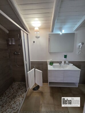 Un baño con ducha, lavabo y espejo.
