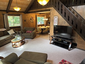 TV connectée, cheminée, livres