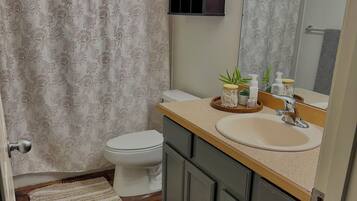 Hair dryer, towels, soap, toilet paper