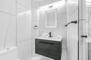 Shower, hair dryer, towels, soap