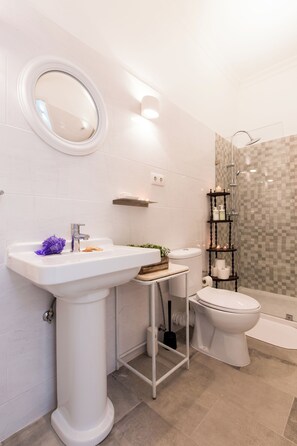 Hair dryer, towels, soap, toilet paper