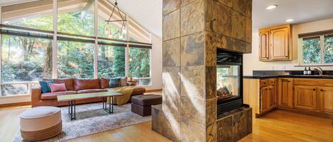 Smart TV, chimenea y libros